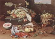 Jan Van Kessel the Younger Still life of a watermelon,pears,grapes and melons,plums,apricots and pears in a basket,with a dog surprising a monkey and fraises-de-bois spilling ou China oil painting art